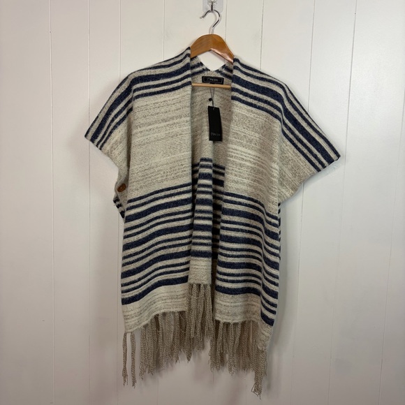 Minkas Striped Knit Poncho Cardigan Fringe Open Front Boho Shawl Wrap Sweater - Picture 3 of 9